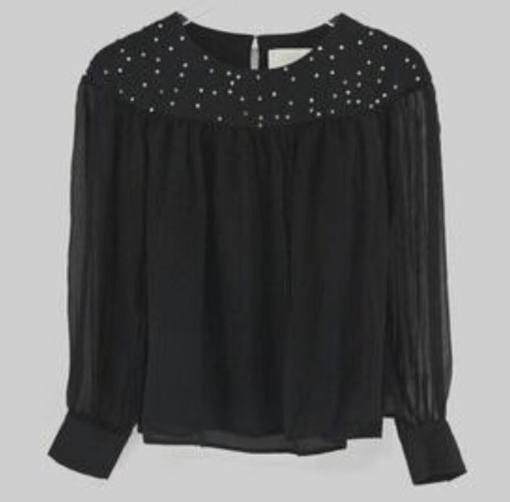 3.1 PHILLIP LIM black sheer long sleeve rhinestone embellished 100% silk top